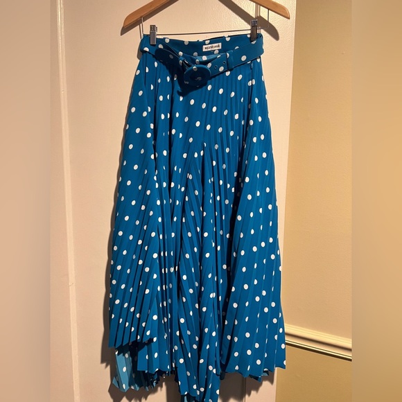 Balenciaga Belted Asymmetric Pleated Polka-dot Crepe Midi Skirt In Blue - Picture 4 of 4